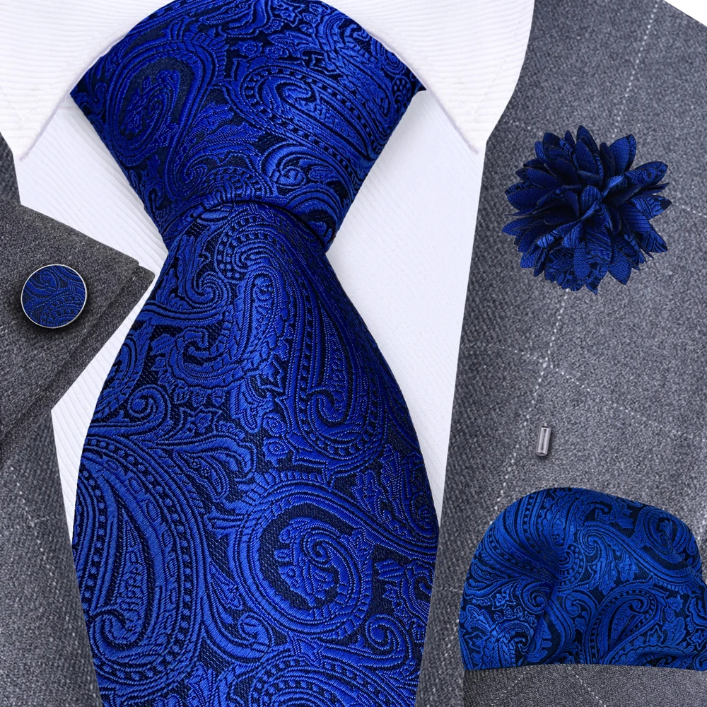 Gold Blue Striped Silk Ties For Men 8cm Mens Neck Tie Set With Brooch Pin Wedding Accessories