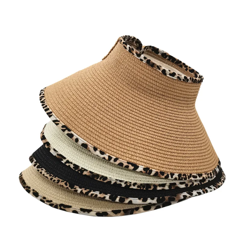 Wide Brim Straw Sun Visor Hat with Leopard Trim - UV Protection display picture 2