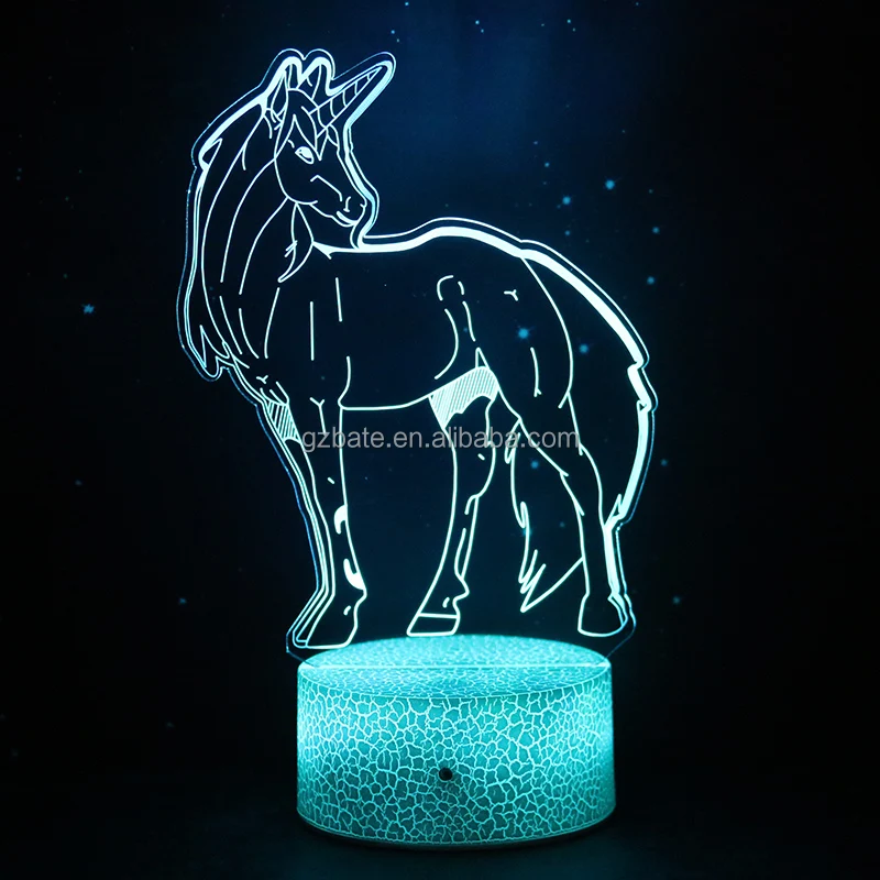 Crack Glow 7 Color Unicorn Remote Control 3d Lamp Illusion Acrylic Night Light for Kids Gifts