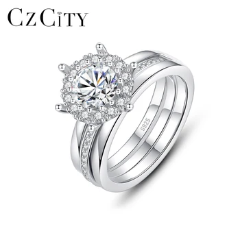 CZCITY Wedding Antique Flower Ring Micro Pave Wedding Band 925 Sterling Silver Finger Rings Set