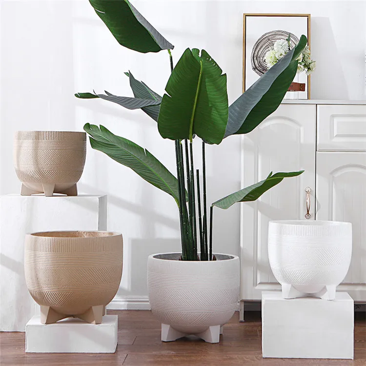 Large Diameter White Stripe Concrete Matte Floor Garden Table Planter Flowerpot Modern Garden Flower Plant Pot with Feet