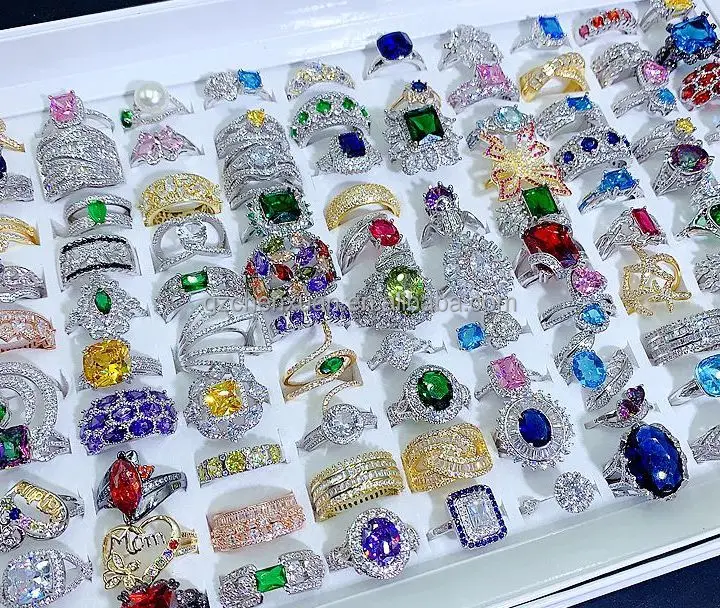 Wholesale Jewelry Luxury Women Ring Gemstone Crystal Stone Mixed Color