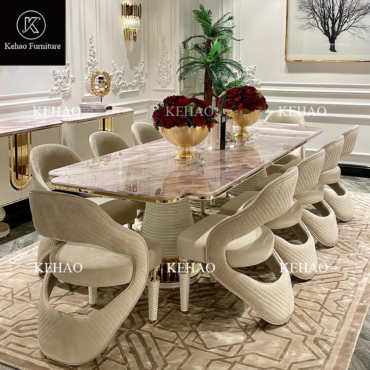 Italian Elegant Design Luxury Dining Room Furniture High End Villa Dining  Table Sets with 10 Chairs Marble Top Dining Table