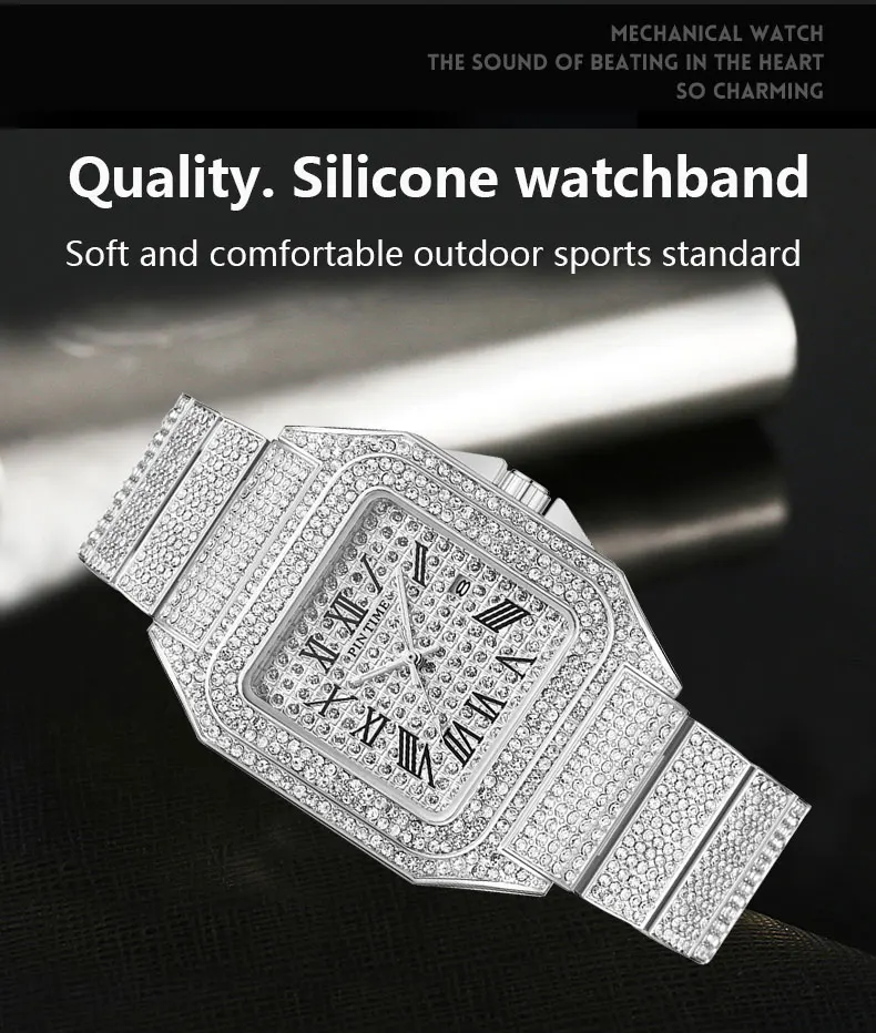 Luxury Rhinestone Unique Quartz Watch Mens Classic Golden Square Case Full Diamond Creative Fashion Waterproof Watch AAA Clock