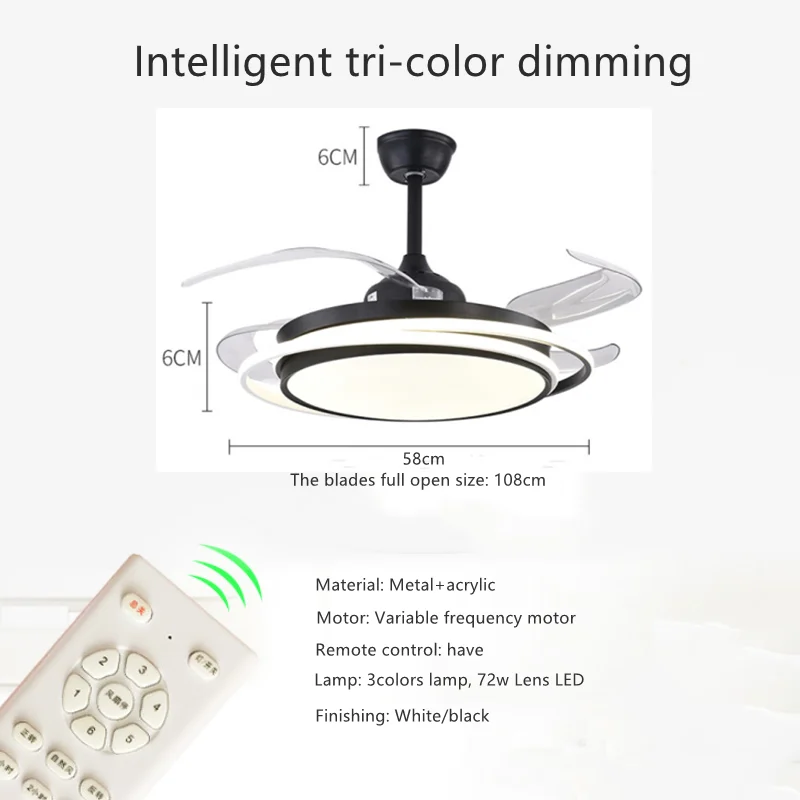 Luxury black chandelier ABS blade fans modern ceiling folding fan with led light  fixtures remote control