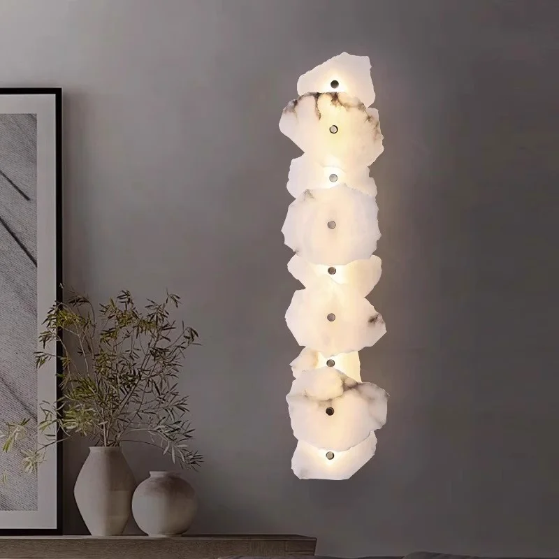 Modern Minimalist Art Designer Copper Wall Lamp Living Room Natural Alabaster LED Light Recessed Hotel Bed Side