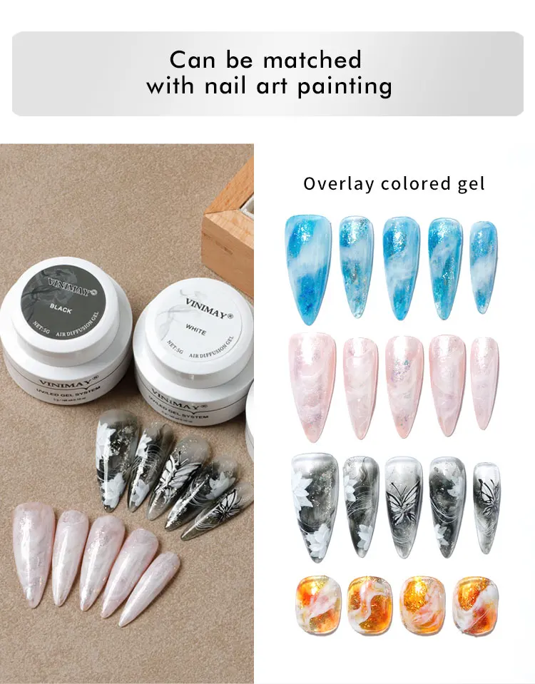 product vinimay new arrival diffusion gel black white pearl white three color air blooming gel matching reinforce base coat for nail art-6