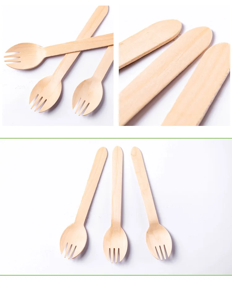 Bulk Customized LOGO Birch Wooden Serving Biodegradable Disposable Spoon Fork Sporks