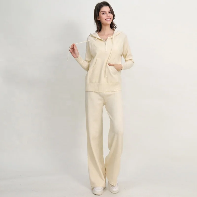 Arctic Velvet Hooded Knitted Shirt Women's Autumn and Winter New High end Zipper Pullover Knitted Two piece Set