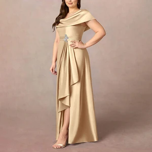 ZYHT 739890 Customize High End Simple Women Evening Dress Plus Size Satin Ruffle Asymmetrical Hem Skirt Dresses