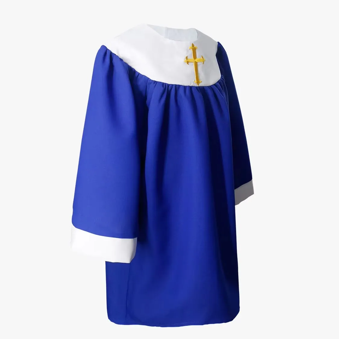 Zakázkové kulaté liturgické róby pro dětský sbor s křížem ve zlaté barvě, 100 % polyesterový matný materiál