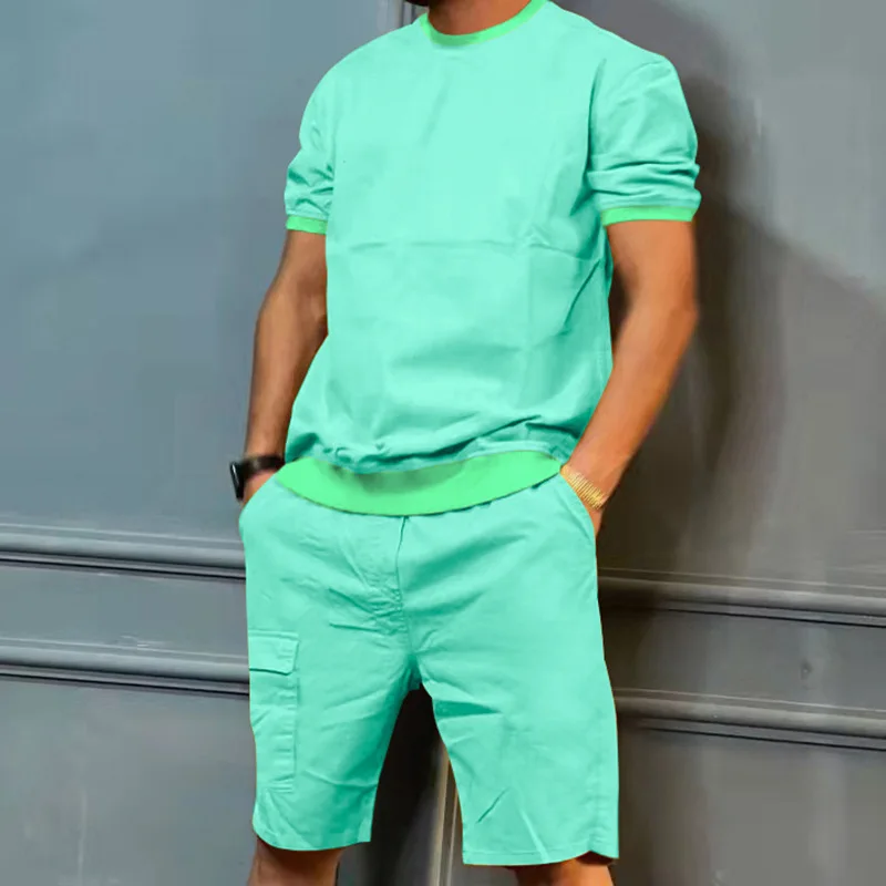 Wholesale Mens Tracksuit Solid Color Crew Neck Short Sleeve Shorts Joggers Plus Size men's sets766_voghion.com