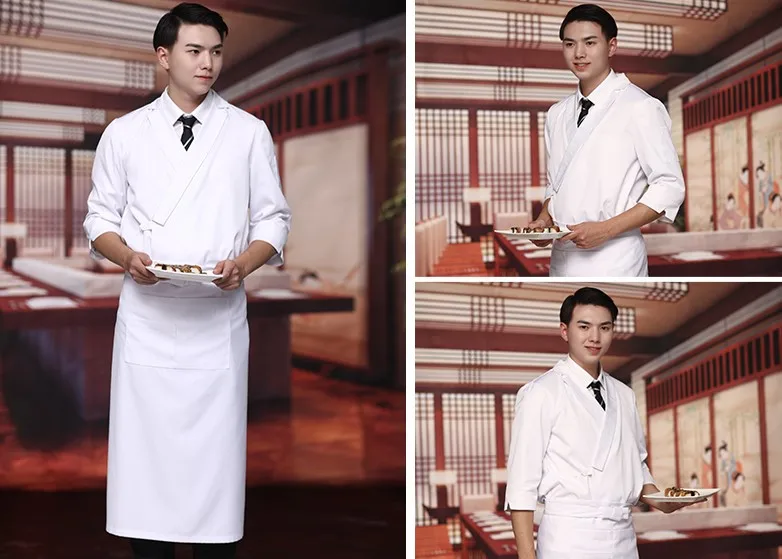Black and White Chef Jacket and Apron Japanese Restaurant Izakaya Work Suits  Male Cooking Clothing and Sushi Chef Coat for Men