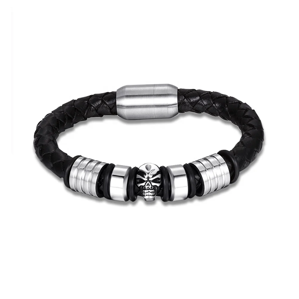 Punk Jewelry Men's Leather Bracelet Stainless Steel Magnetic