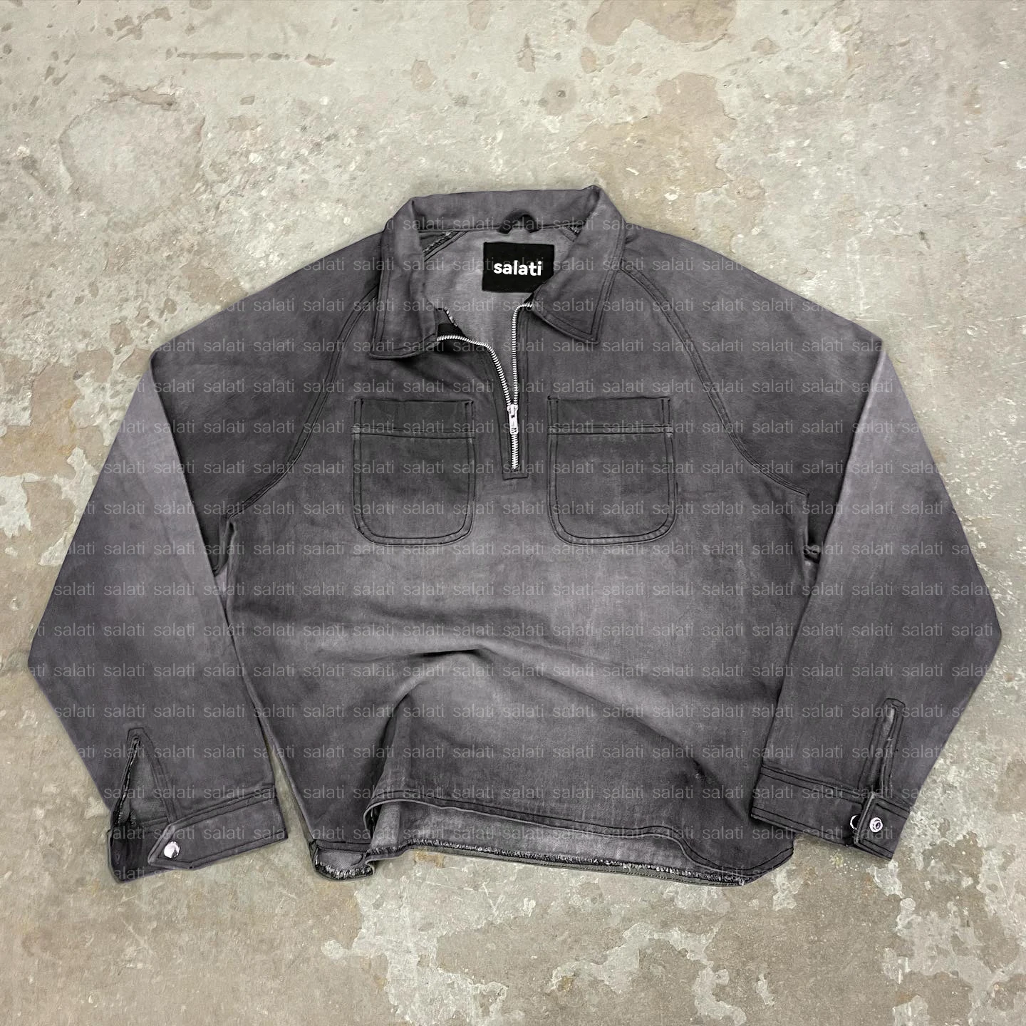 Salati 1/4 Quarter Zip Pullover Sweatshirt Sun Faded Blank Baggy Acid Wash Long Sleeve Jean Denim Tshirt Workwear Work Shirt Men gallery 13
