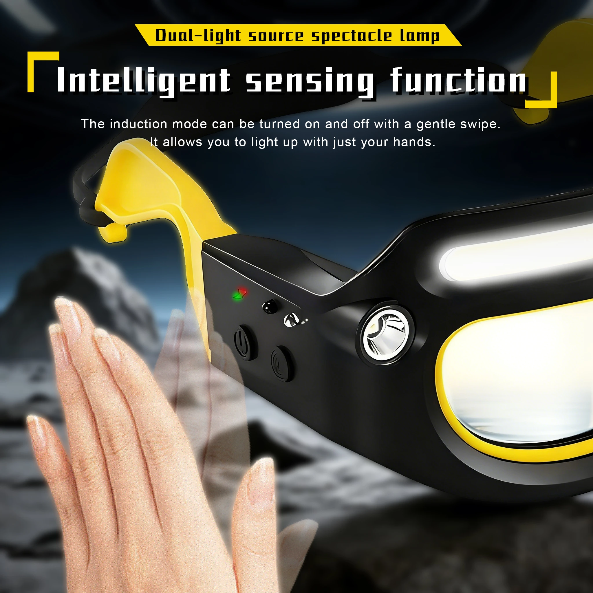 Ultra Light LED Safety Glasses Headlamp Flashlight Hands-Free Wave Sensor Control Rechargeable 6000K Daylight Outdoor Use