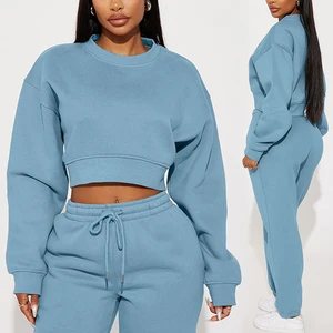 Custom Logo 100% Cotton Heavyweight Tracksuits 2 Piece Crop Top and Joggers Sweatpants Sports Sweatshirt Two Piece Sets Women