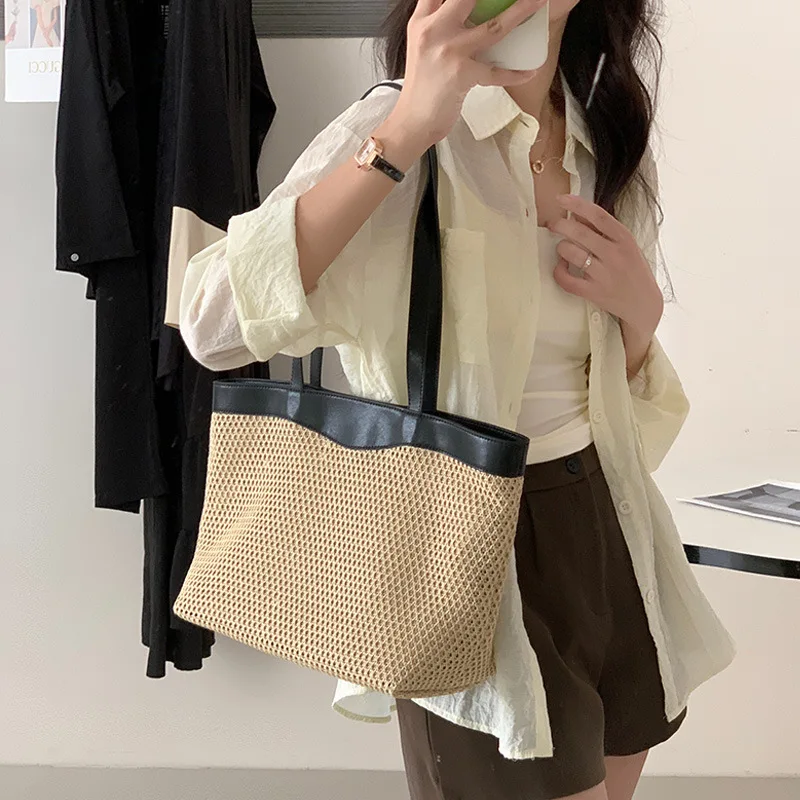 Autumn All Seasons Straw Tote Bag Women Lattice Large Woven Open-ended Polyester Cotton Lining Single-Shoulder Daily Use