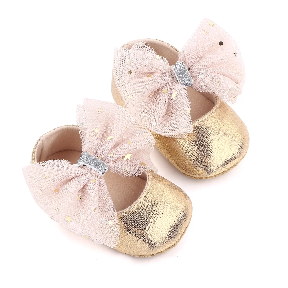 Mesh Big Bow Star Embellished Solid Color Sparkly Bright Baby Girls Princess Walking Shoes details