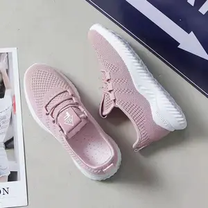 Hongyan Round Head Fly-knit Sneakers Lace-up Front Sports Casual Shoes Breathable Mesh Top Women's Shoes