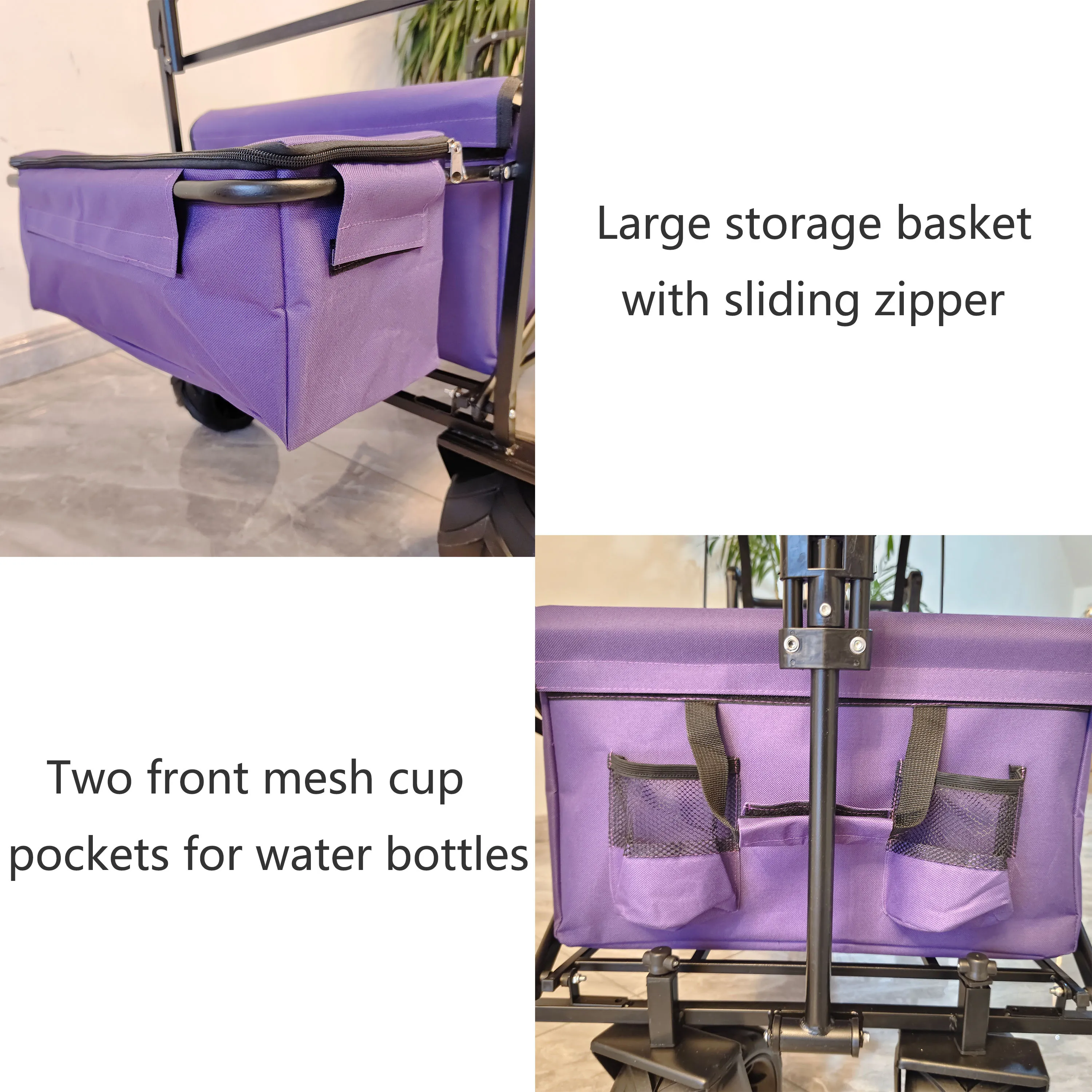 Outdoor Camping Folding Wagon Canopy On Top Adjustable Handle Wide Wheel Purple