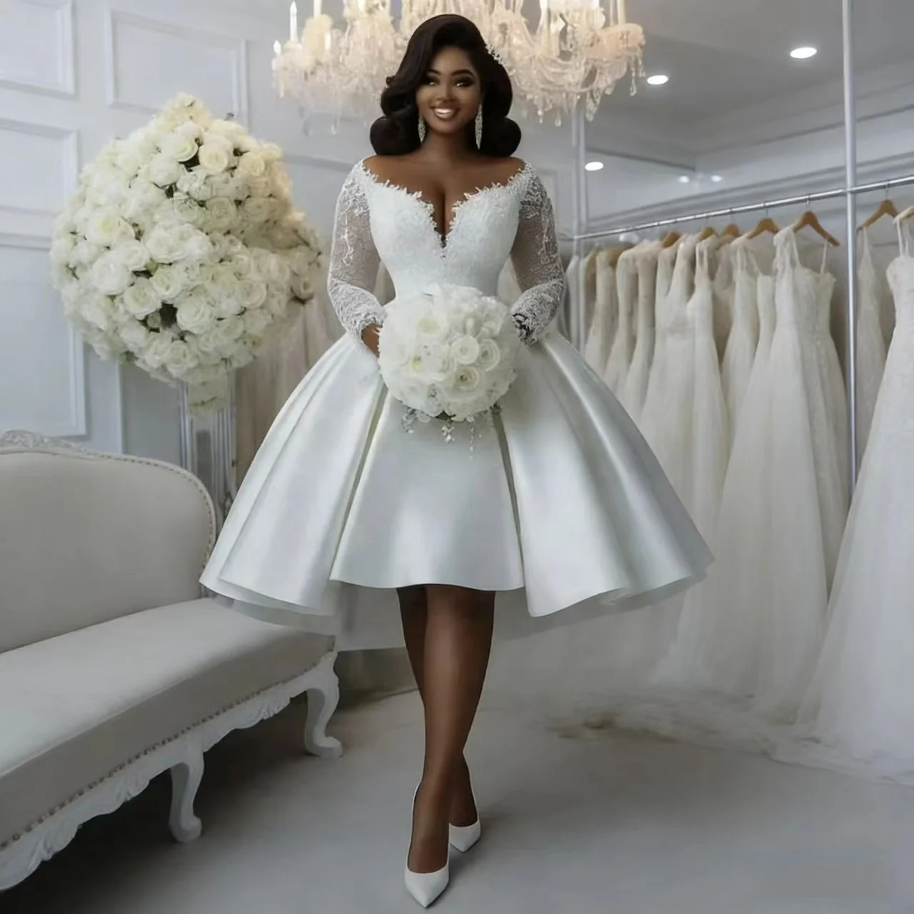 ivory knee length wedding dress A-line Off Shoulder Pleated Knee-Length Ivory Satin Wedding Dress