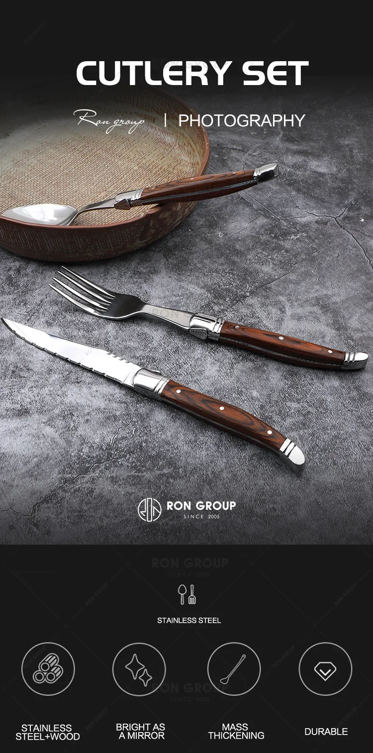 Functional High Quality Factory Fork Silver Wooden Handle Color Knotted Design Silverware Flatware Stainless Steel Cutlery Set