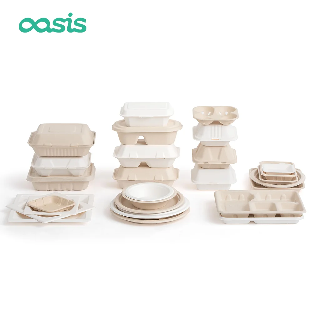 Oasis Large 4 Compartments Disposable Biodegradable Square Tray Compostable Sugarcane Bagasse Food Tray for Camping