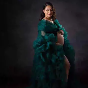 green emerald velvet dress Elegant Off Shoulder Ruffled Photoshoot Maternity Dress main image 1
