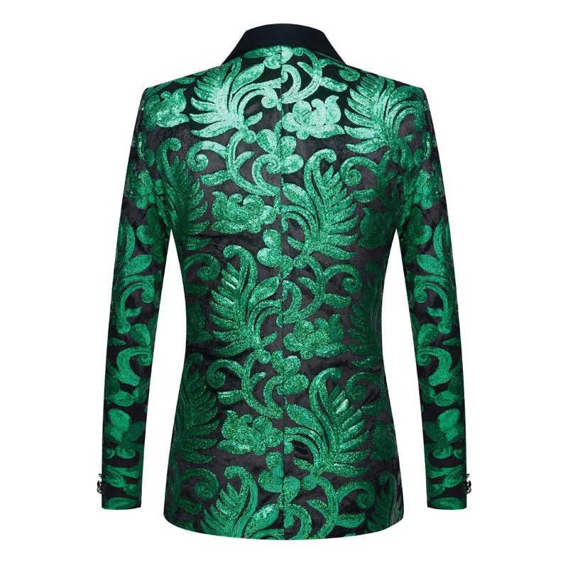 Men Spring Autumn Two Pieces Suits Sequins Velvet Green Floral Sequins Blazers Wedding Prom Stage DJ Singers Suit Jacket