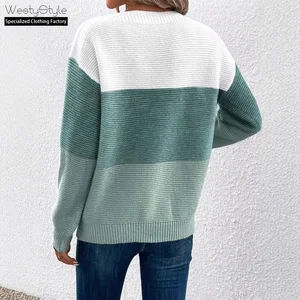 Women's Winter Korean Style Loose Standard Polyester/Cotton Anti-Pilling Crew Neck Hot Cross-Border Patchwork Leopard Sweater