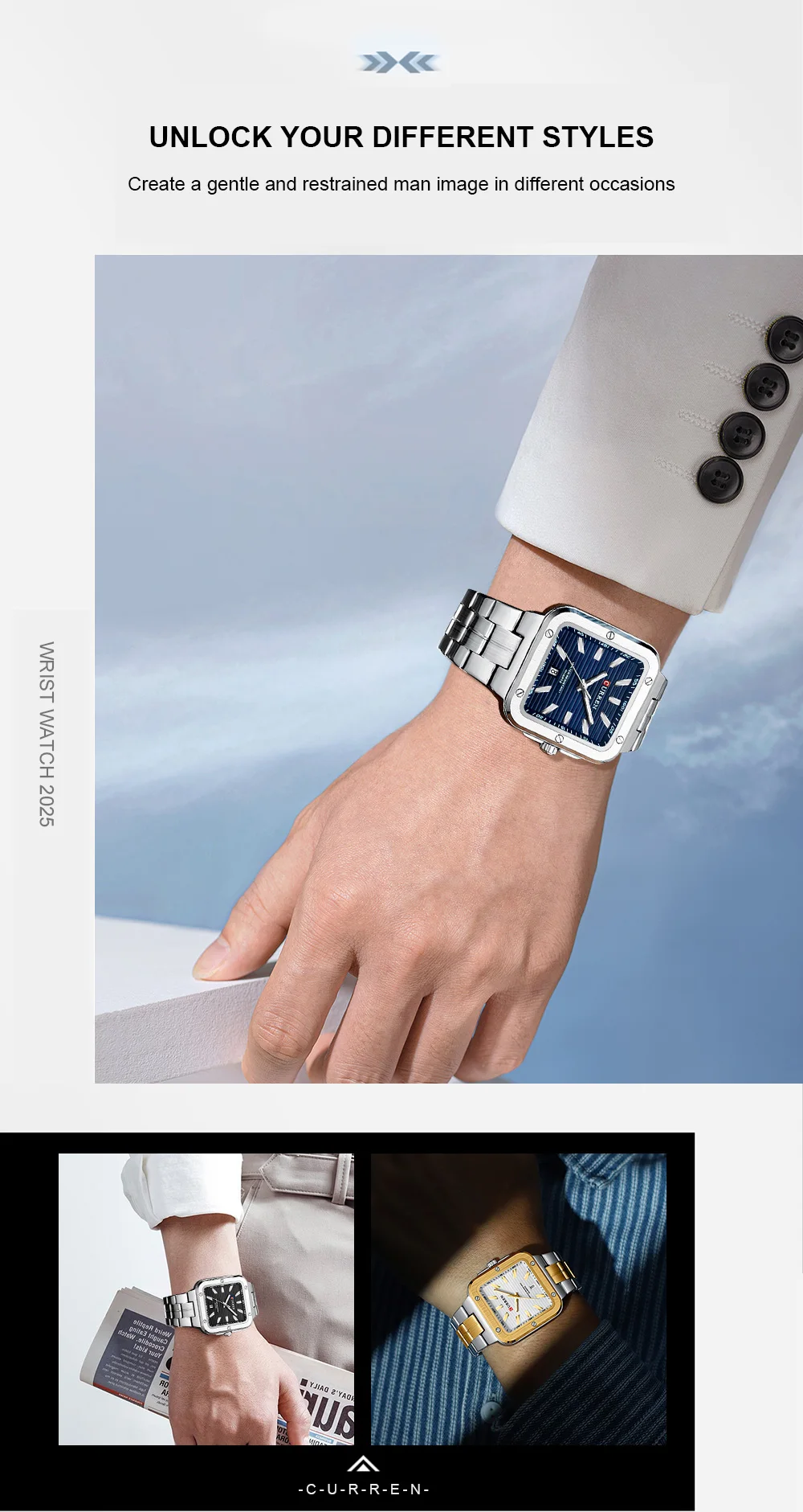 CURREN 8479 Luxury New Model Wrist Watch Quartz Waterproof Square Stainless Steel Strap Luminous Hands Business Watches for Men