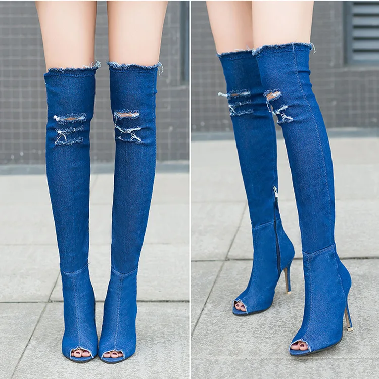 Thigh high blue hot sale jean boots