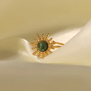 MW Women's Fashion French-Style 18K Gold-Plated Stainless Steel Ring - Sun Design with Turquoise Inlay, Open & Adjustable