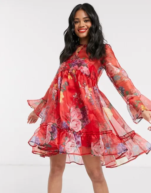 Organza Balloon Sleeve Mini Smock Dress 