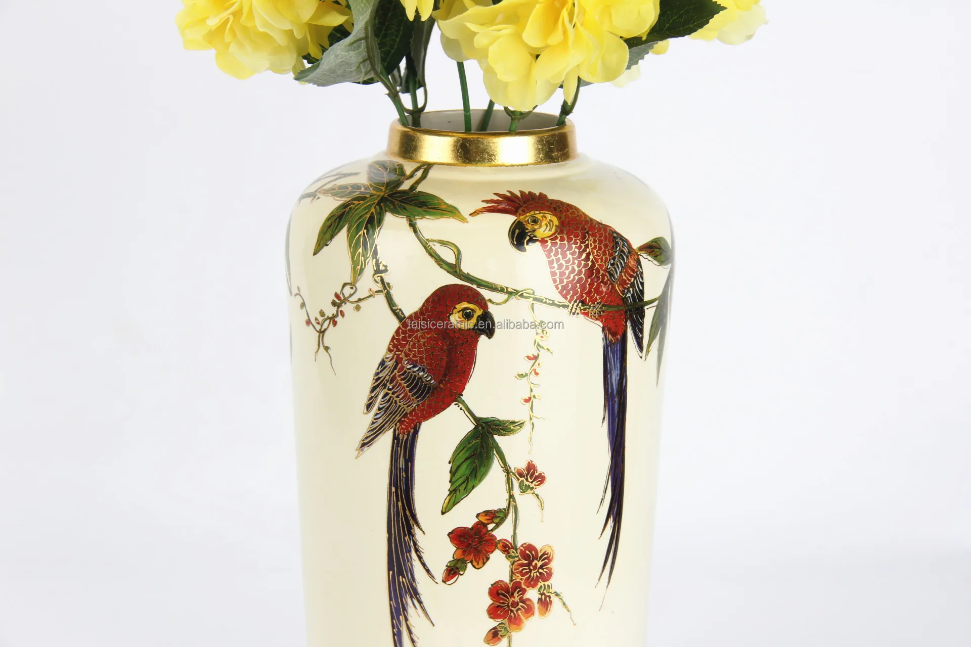 V040 Vintage Farmhouse Ceramic Yellow Vase Antique Chinese Bird Pattern   Hee65d3184696423a89fc597b3754c6e78 