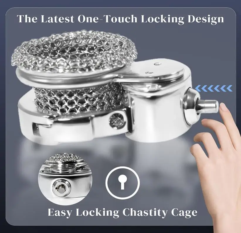 One-Touch Closure Chastity Cage with Adjustable Carabiners Breathable Mesh Cock Cage Lock Extreme SM Bondage Sex Toy for Men%