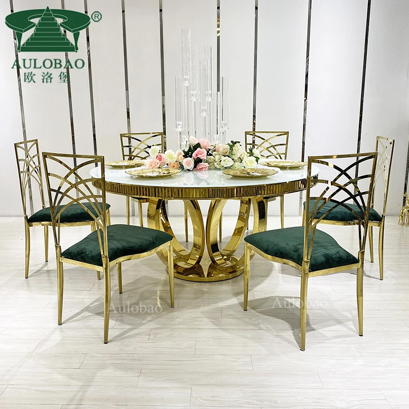 Wedding Party Round Shape Glass Top Stainless Steel Dining Table Set  Chairs