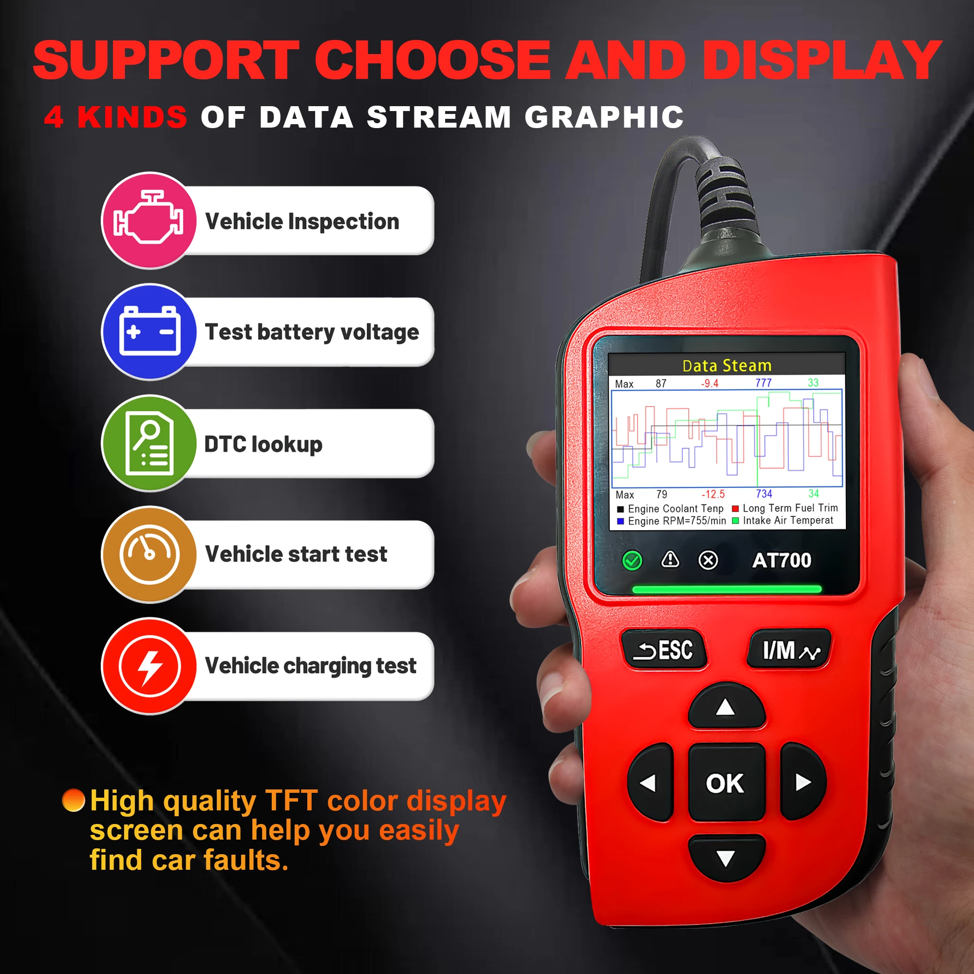 ALLmeter OBD2 Appareil de diagnostic de voiture avec écran TFT 2,8″, 9