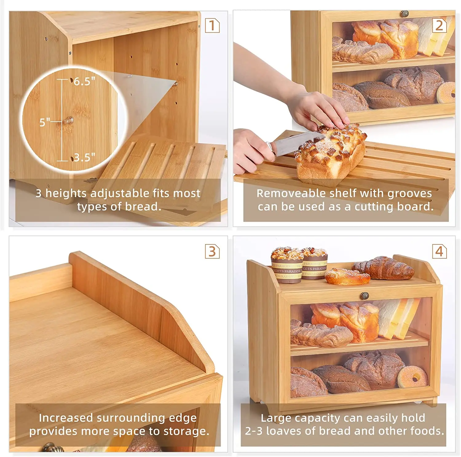 Bamboo Bread Bin With Lift-Up Lid & Handle - Double Layer Food Storage Box, Modern Kitchen
