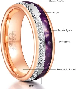 8mm Stylish Men's Tungsten Carbide Ring Fine Quality Meteorite with Purple Agate Inlay Rose Gold Arrow Design Jewelry