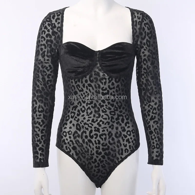 Long Sleeve Women Bodysuits See Through Mesh Leopard Patchwork Square