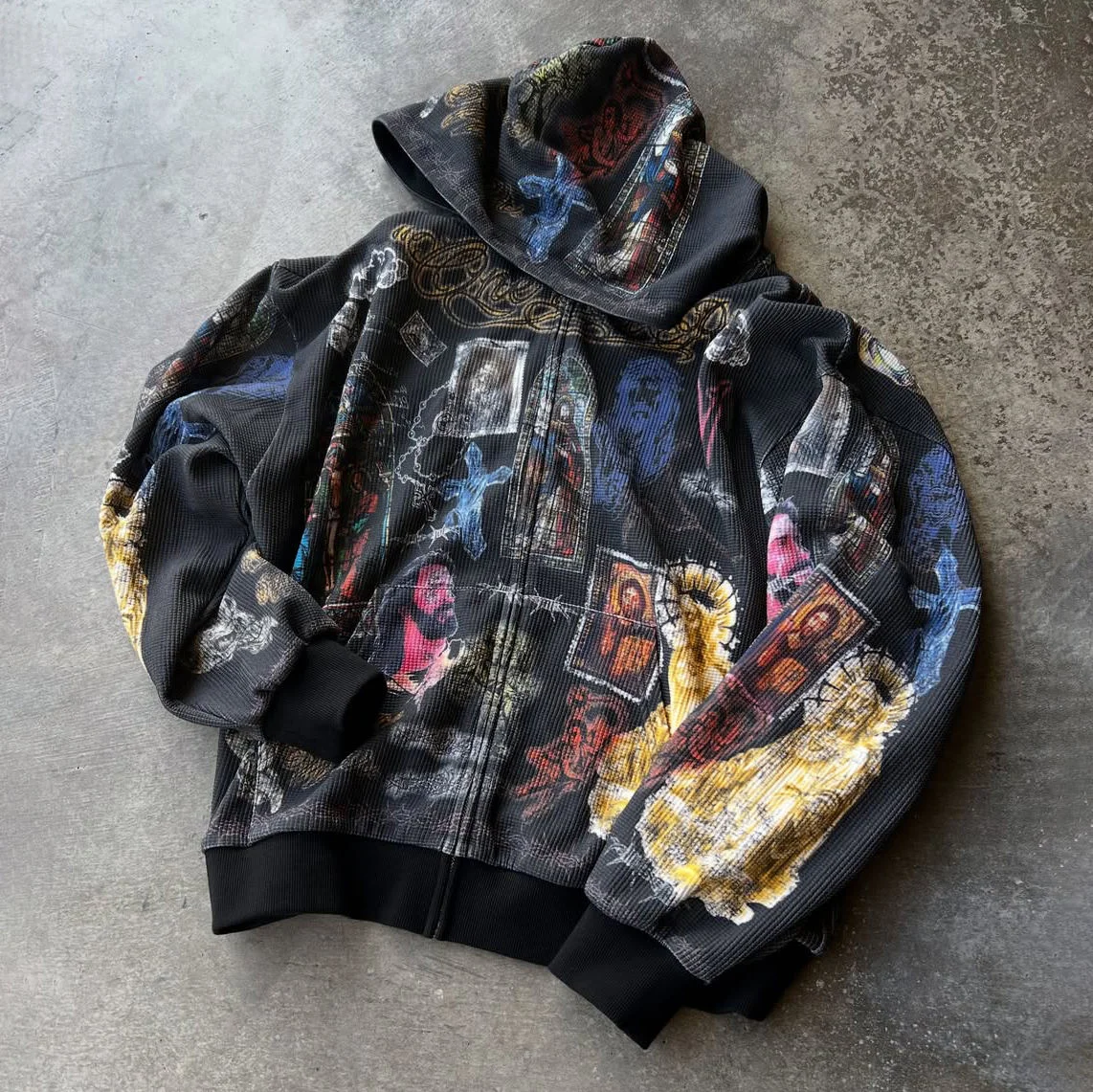 Manufacturer Custom Luxury All Over Printing Graphic Streetwear Acid Wash Oversized Jacket Zip up Waffle Knit Vintage Men Hoodie