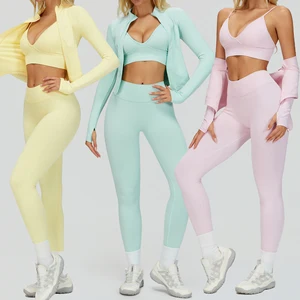 Women Seamless 3 Piece Set Gym Clothes Sport Bra High Elastic Yoga Leggings Fitness Jacket Workout Set Gym Fitness Set Yoga Wear