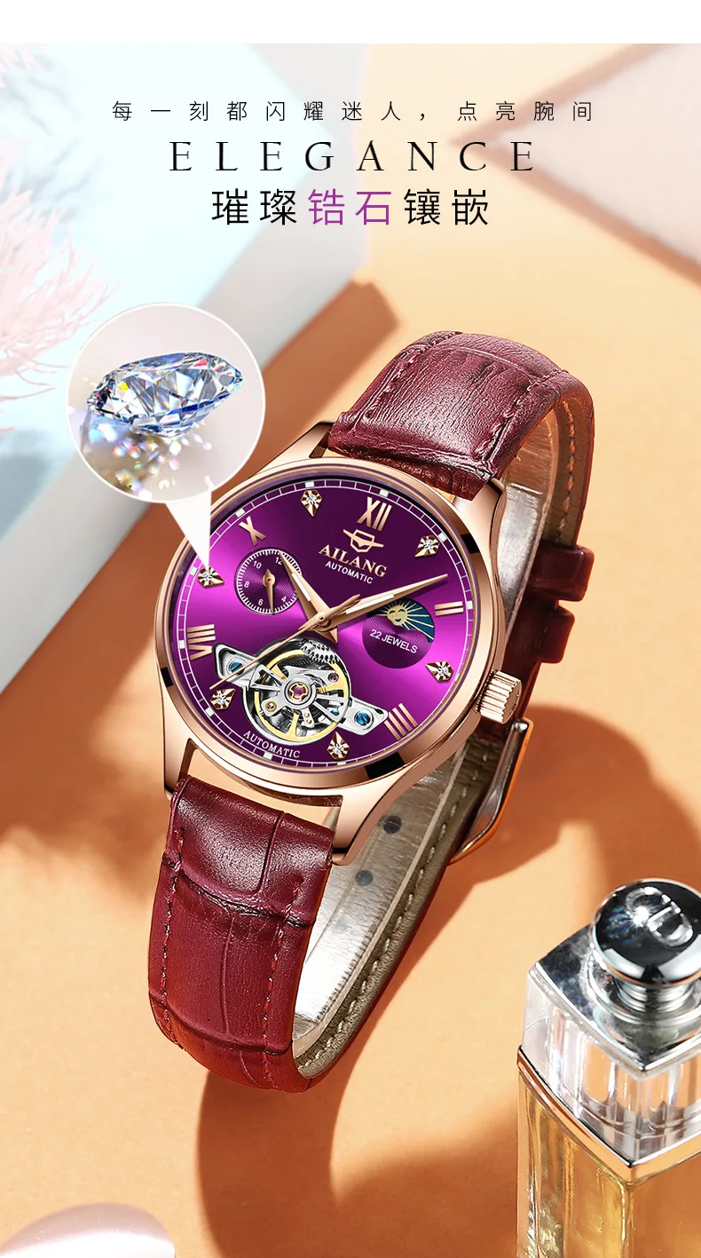 Montres mécaniques automatiques pour femmes, montres-bracelets diamantés pour dames, montre en cuir Rose, étanche 30m, horloge lumineuse