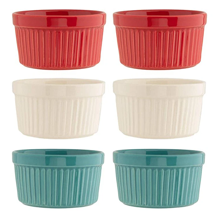 Round Shape Porcelain Embossed Ramekins for Baking 4 Oz Turquoise Ceramic Creme Brulee Souffle Dishes Stoneware Color Glazed