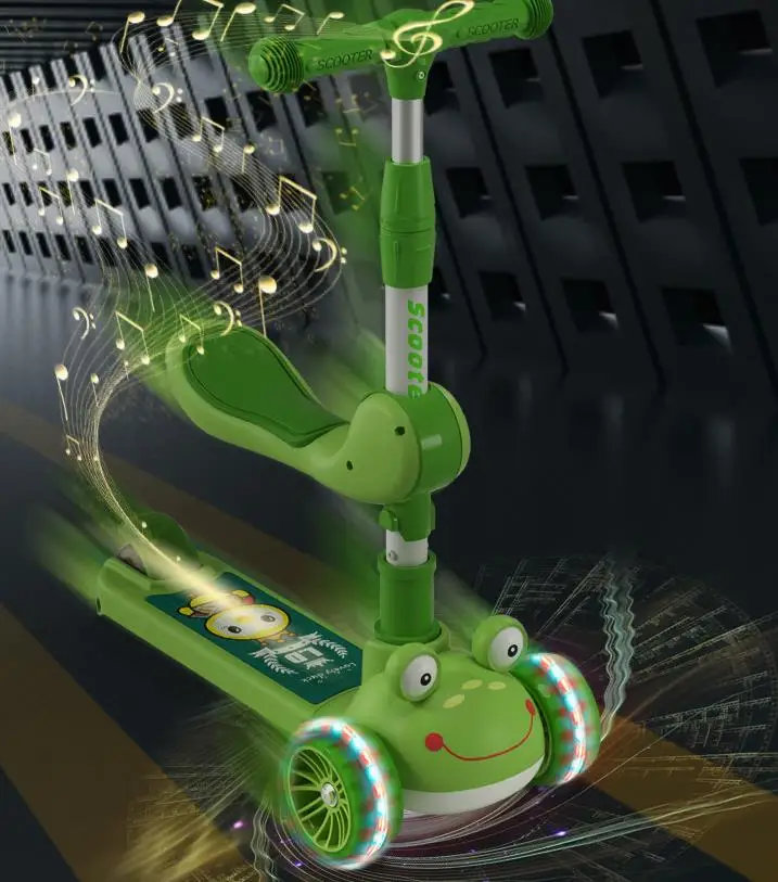 Factory Direct Selling New Frog Image Children Scooter High and Low Adjustable Folding Kids Kick Scooter With Flash Music