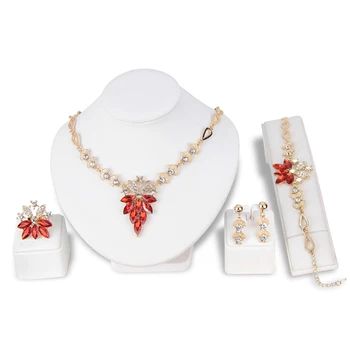 4Pcs Fashion Dubai Jewelry Sets Jewellery Women Luxury Gold Plated Crystal Glass Gem Indian Bridal Jewelry Set
