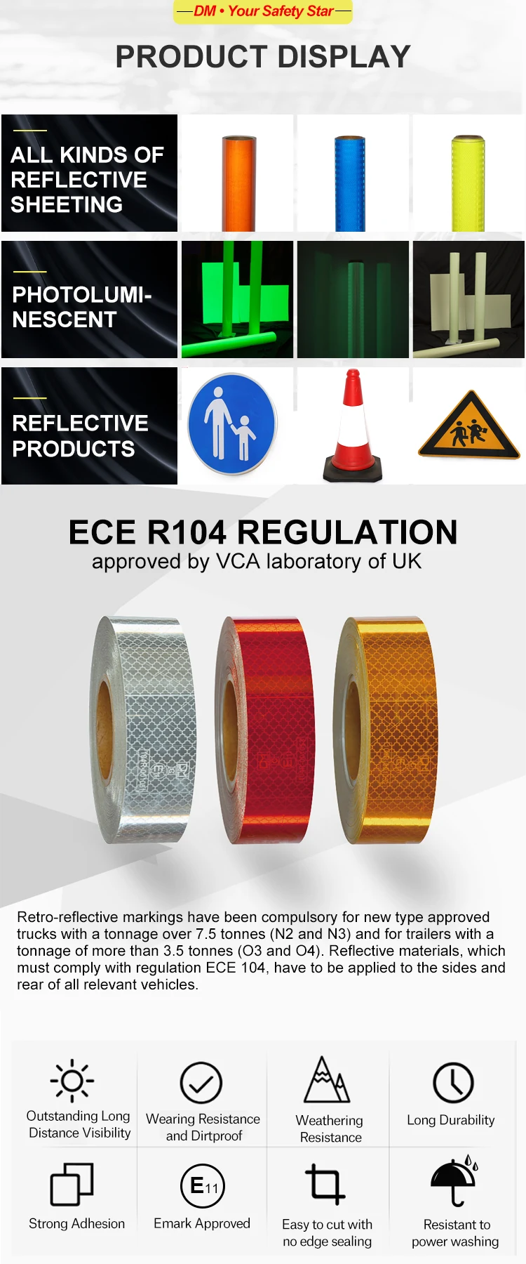 Yellow Red White E13 C DM ECE 104R-000010 Reflective Marking Tape for ...