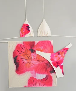STOCK Floral Print Women 3Pieces Swimwear Triangle Top Brazilian Bikini and Mesh Skirt Set Mini Beach Skirt CoverUp S-L